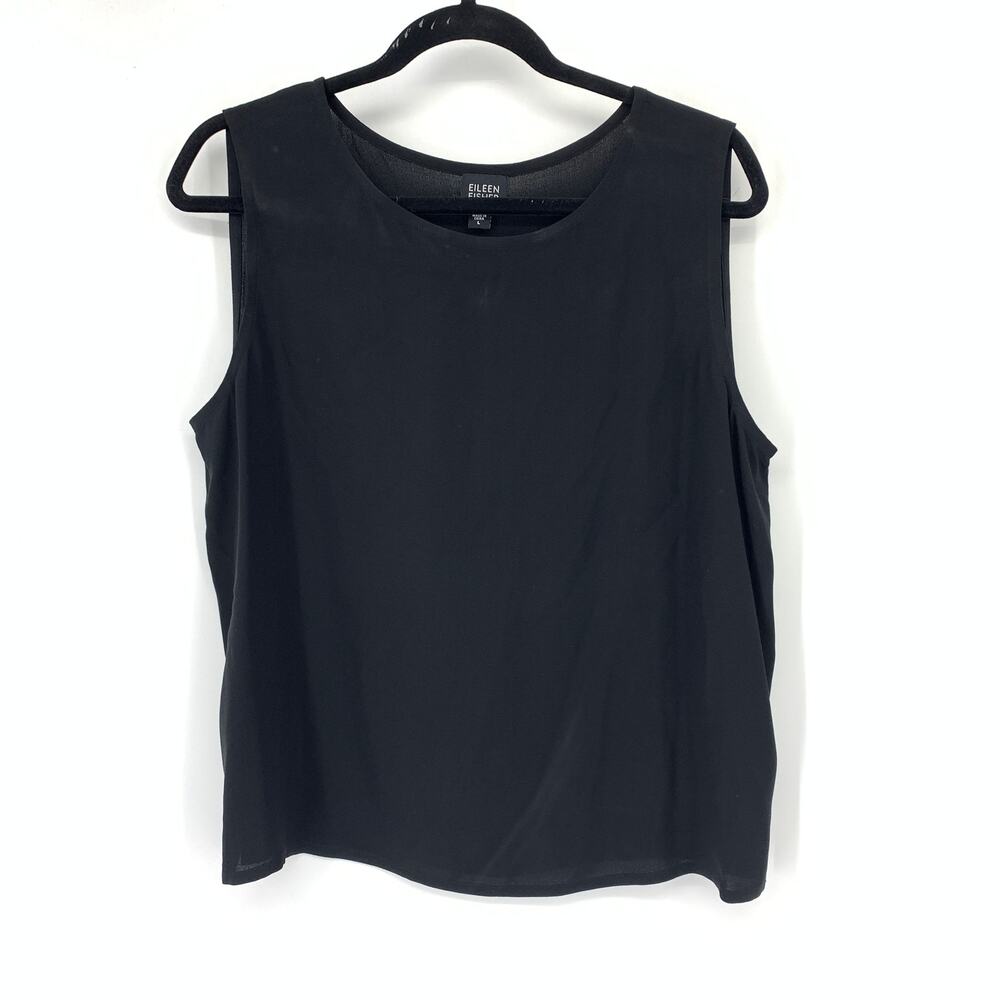 Eileen Fisher Tank Top Womens Large Black Crepe Sleeveless Round Neck Side Vents